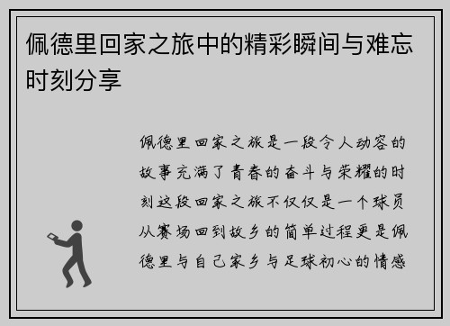 佩德里回家之旅中的精彩瞬间与难忘时刻分享