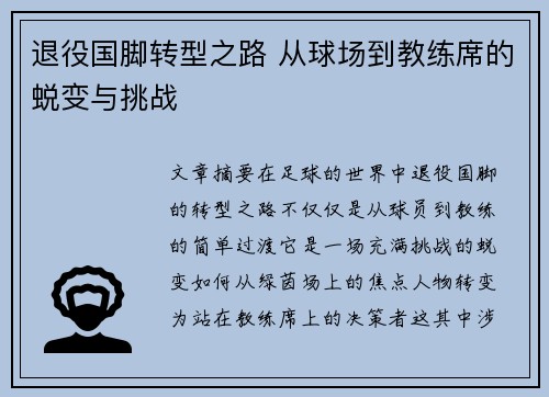 退役国脚转型之路 从球场到教练席的蜕变与挑战