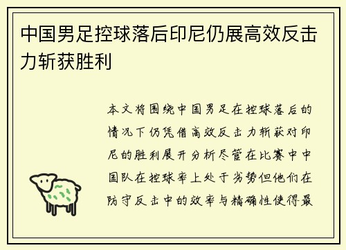 中国男足控球落后印尼仍展高效反击力斩获胜利 中国男足控球落后印尼仍展高效反击力斩获胜利